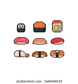 Pixel art cartoon sushi icon set.