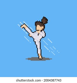 Pixel Art Cartoon Taekwondo Girl Character Kicking With Wind Effect.	