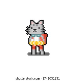 Pixel art cartoon travel cat character.