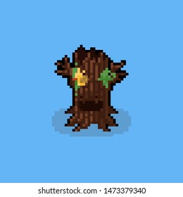 Pixel art cartoon tree with yellow bird. 8 bit. halloween.