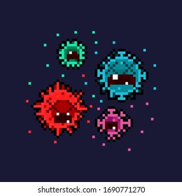 Pixel art cartoon virus character in sad emotion.