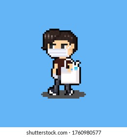 Pixel art cartoon walking man character with mask and hand sanitizer.	
