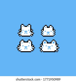 Pixel art cartoon white cat head icon set
