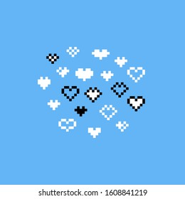 Pixel art cartoon white heart icon set.