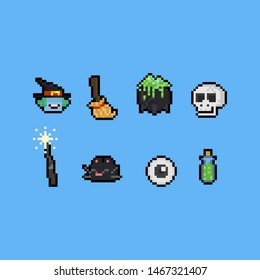 Pixel art cartoon witch elements.8bit.halloween.