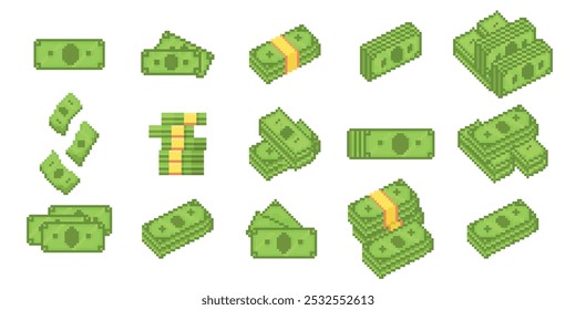 Billetes en efectivo Pixel art. Dinero pixelado, billetes de dólares apilados y montones de efectivo. Divisa digital, iconos financieros de juegos de arcade retro con Ilustraciones vectoriales estéticas de juegos retro.