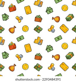 Pixel Art Cash Money icons and symbols seamless pattern backgroud. 8-bit Pixel banknotes and Golden Coins. Pixel Money Background. Payment icons in retro video game style. Editable vector
