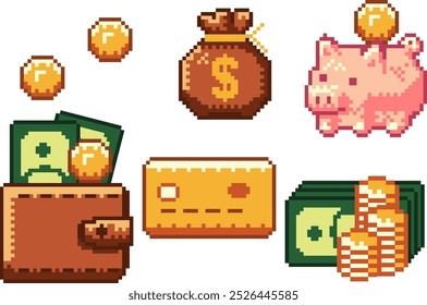 Ícones de dinheiro em dinheiro Pixel art definidos para negócios e finanças. Ícones de jogo retro design porco, carteira, moedas de ouro, dinheiro. 