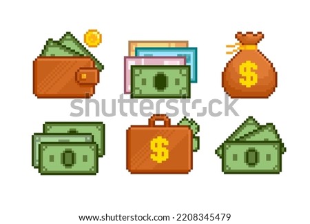Pixel Art Cash Money icons set for business and finance. Retro game design. Pixel wallet. Money case, Currency banknotes. Pixel Bank icon. Mmoney icons in retro video computer game style 