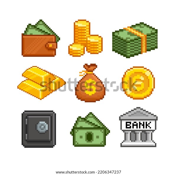 Pixel Art Cash Money Icons Set Stock Vector (Royalty Free) 2206347237 ...