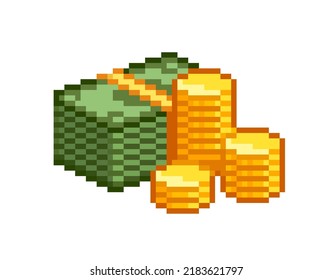Pixel Art Cash Money and stack of coins vector icon. Pixel golden coins stack of banknotes, cash money. Pixel game icons  in retro 80s - 90s style. Vector illustration