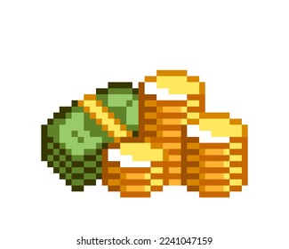 Pixel art cash money and stack of coins. Pixel gold coins stack of banknotes. Pixel game icons in retro style. Vector illustration