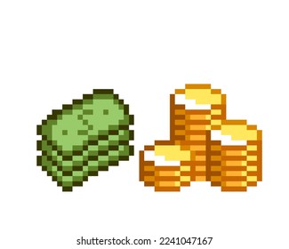 Pixel art cash money and stack of coins. Pixel gold coins stack of banknotes. Pixel game icons in retro style. Vector illustration