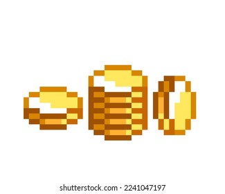 Pixel art cash money and stack of coins. Pixel gold coins stack of banknotes. Pixel game icons in retro style. Vector illustration