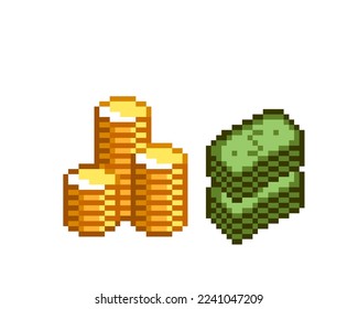 Pixel Art Cash Money and stack of coins vector icon. Pixel golden coins stack of banknotes, cash money. Pixel game icons in retro 80s - 90s style. Vector illustration