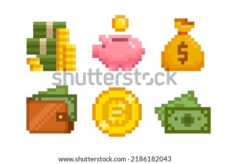 Pixel Art Cash Money and stack of coins vector icons set. Pixel wallet bills, golden coins. Piggy Bank. Safe with cash money. Simple pixel game icons in retro 80s - 90s style