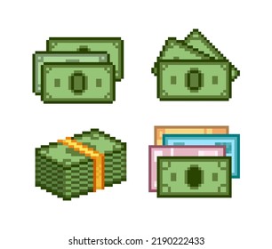 Icono vectorial de Dinero en efectivo de arte de píxeles establecido en estilo de 8 bits. Pixel pila de billetes, moneda, dinero en efectivo. Iconos de dinero de videojuegos en el estilo retro de los 80 - 90. Ilustración vectorial editable