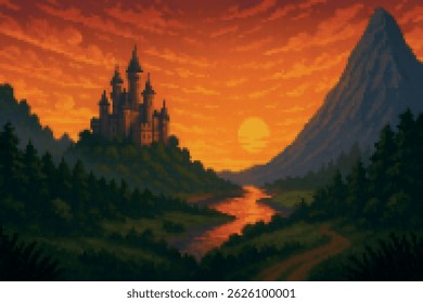 Pixel art castle nestled in a valley at sunset with glowing orange sky, winding river, and towering mountain. Ideal retro fantasy background for games and storytelling.