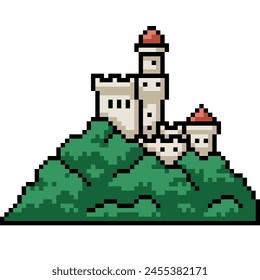 pixel art of castle on mountain isolated background