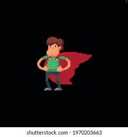 Pixel art casual looking male character in red superhero cloak