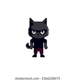 Pixel art cat character, black animal sprite in casual style, vector icon. Video game retro decoration for 8 bit or 16 bit arcade, action, rpg isolated image, illustration concept