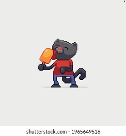 Pixel art cat character licking orange ice cream