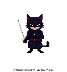 Pixel art cat character. Samurai, warrior or ninja sprite in casual style, vector icon. Video game retro decoration for 8 bit or 16 bit arcade, action, rpg isolated image, illustration concept