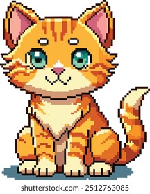 Gato de Arte Pixel. Gatinho de gengibre bonito no estilo de 8 bits. Retro Pixelated Red Cat Mascote para jogos de vídeo, Avatar engraçado. Personagem de Meme brincalhão. Ilustração de vetor isolada.