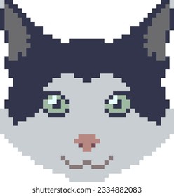 Pixel art cat face. Pet animal vector illustration.
