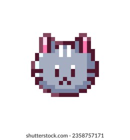 Pixel Art Cat Face. Retro 8bit Style Halloween Decor Feline Illustration. Ideal for Sticker, Retro Decorative Video Game Element, Game Asset, Emoji, Avatar or Cute Geek Patch.	