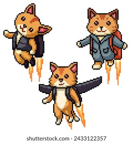 pixel art of cat fly jetpack isolated background