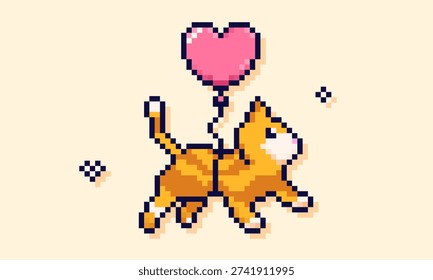 Pixel art cat flying on a heart shaped balloon.