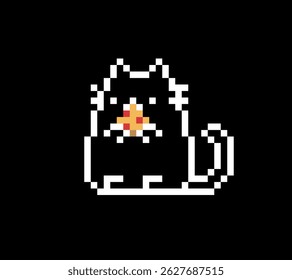 pixel art cat pose eating pizza on black background