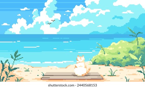 Pixel Art Cat est assis sur une Plage Ensoleillée.8 Bit Game Retro Summer Ocean ou Sea Arrière-Plan en style Y2k Pixelé.