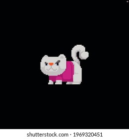 Pixel art cat with white fur in a pink T-shirt with a dissatisfied look