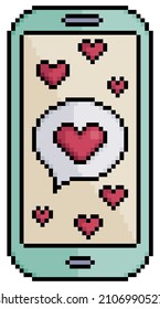 
Pixel art cell phone with love message vector icon for 8bit game on white background