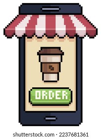 Pixel art teléfono celular pedir café en la aplicación de alimentos icono vector para juego de 8 bits en fondo blanco
