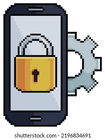 
Teléfono celular de arte de píxeles con candado y icono vectorial de engranajes para juego de 8 bits en fondo blanco 
