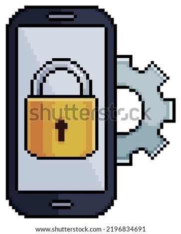 
Pixel art cell phone with padlock and gear vector icon for 8bit game on white background 
