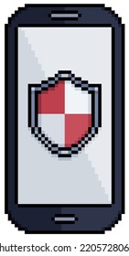 Pixel art cell phone with shield icon, cell phone antivirus vector icon for 8bit game on white background