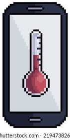 Teléfono celular de arte de píxeles con icono de termómetro icono vectorial para juego de 8 bits en fondo blanco
