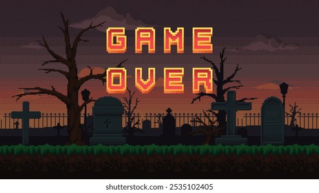 Pixel Kunst Friedhof Landschaft mit Spiel über Text. Friedhof nahtlosen Hintergrund mit Grabsteinen, Kreuzen und trockenen Bäumen auf wolkenverhangenen Himmel. Vektorgrafik.