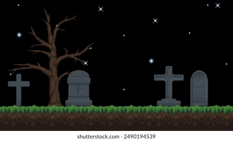 Pixel art cemetery landscape. Graveyard seamless background with glowing stars in the sky. Vector illustration.