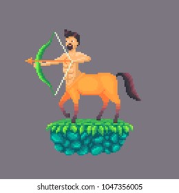 Pixel art centaur with a bow. Character of ancient Greek mythology. Vector illustration.