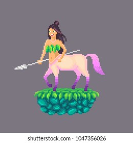 Pixel art centaur with a spear. Female character of ancient Greek mythology. Vector illustration.