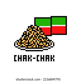 Pixel art chak-chak (traditional tatar cuisine dish) and Tatarstan flag. 8 bit icon on white background. Retro vintage 80's-90's 8 bit slot machine, video game graphics. Turkish dessert on a plate.