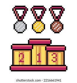 Pixel art. Champion podium and medal 