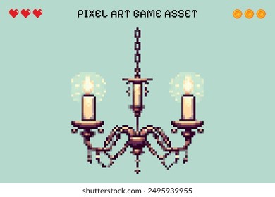 Pixel Art Kronleuchter Video Spiel Asset Vektor isolierten Hintergrund 2D Sprite Blatt Zeichen Design Retro Vintage