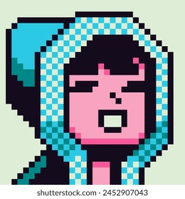 pixel art character 8-bit girl, NFT,  80-s, avatar, woman face in hood, cartoon vector icon, game user, web profile persons, people, social net portrait,  minimalistic style. Non-fungible token.