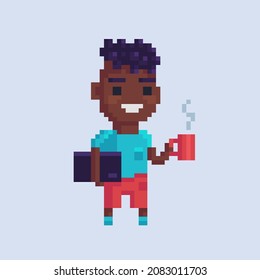 Carácter de arte de píxeles. Un hombre negro con laptop y taza de café. Ilustración del vector